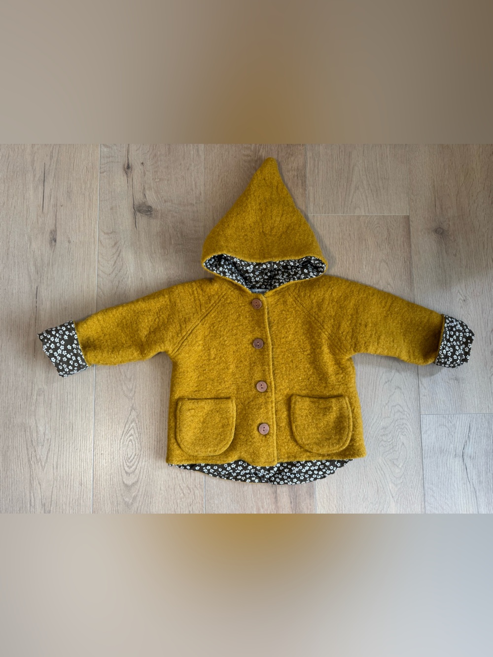 12-18months Kids Mustard Boiled Wool Pixie Hood Coat – Floral Lining